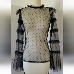 NASTY GAL Size 0 Sheer Swiss Dot Black Lace Long Sleeve Tulle Top